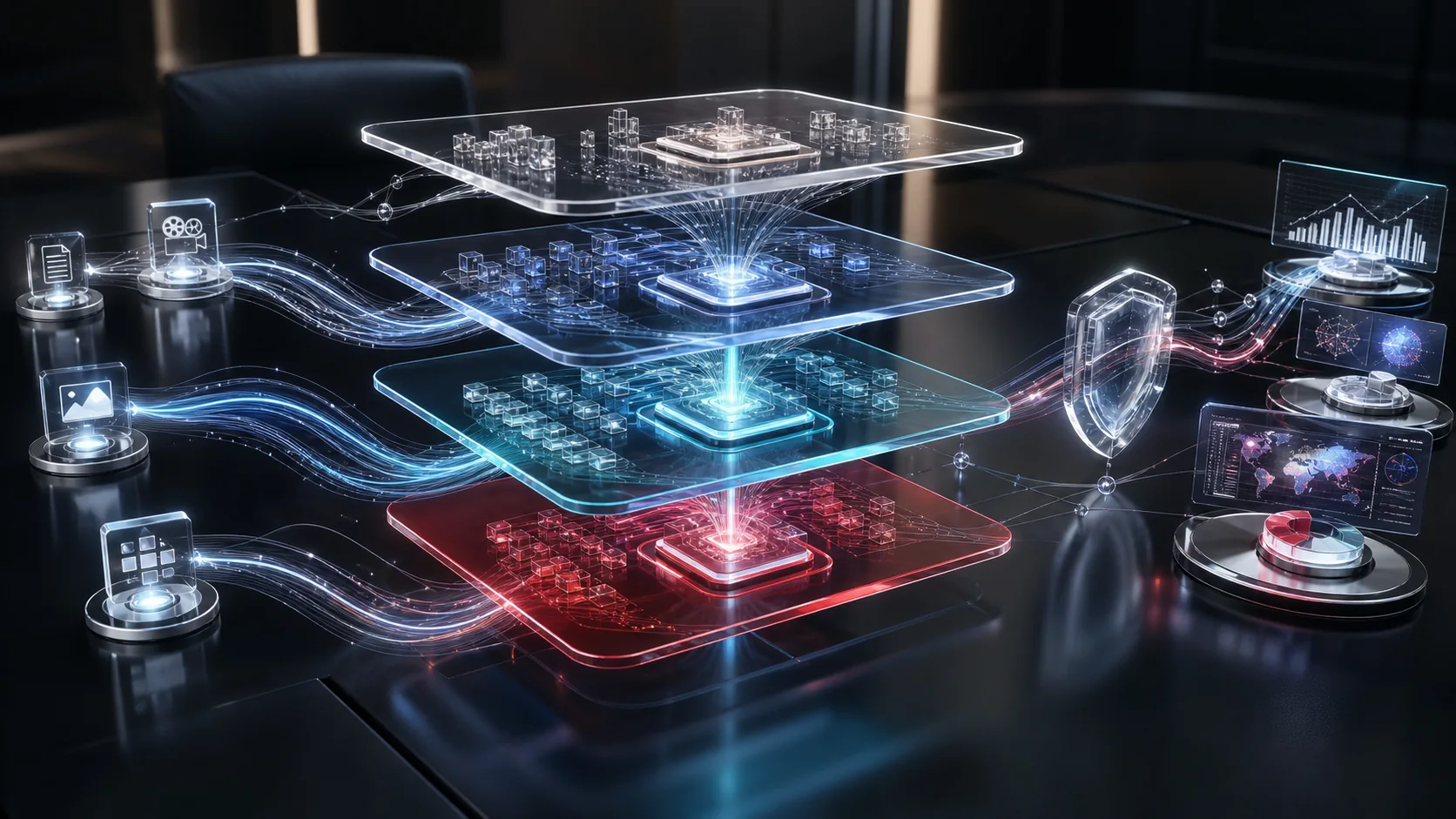 Layered AI orchestration pipeline connecting inputs to production systems