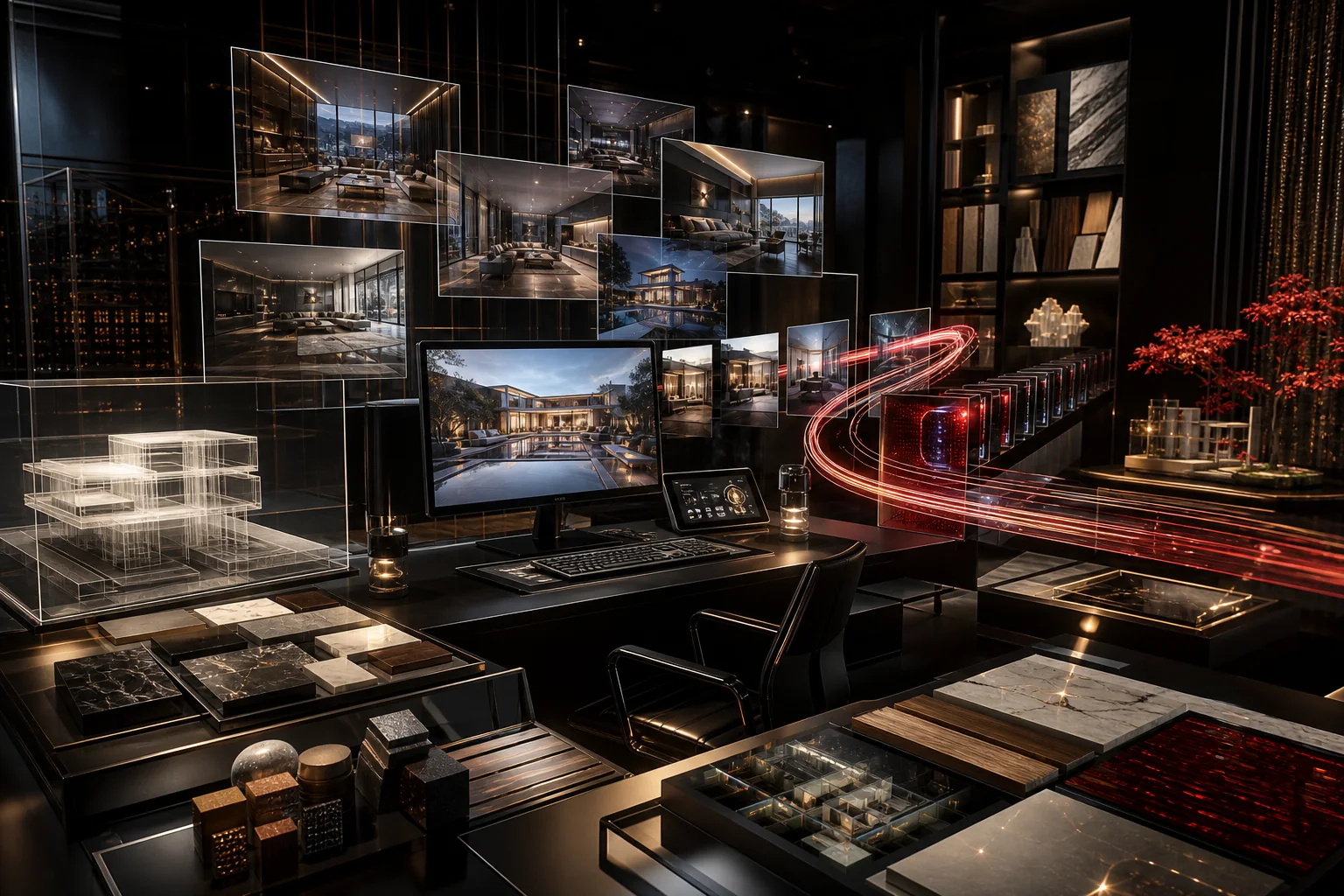 Premium AI render studio with visual production pipeline and material samples